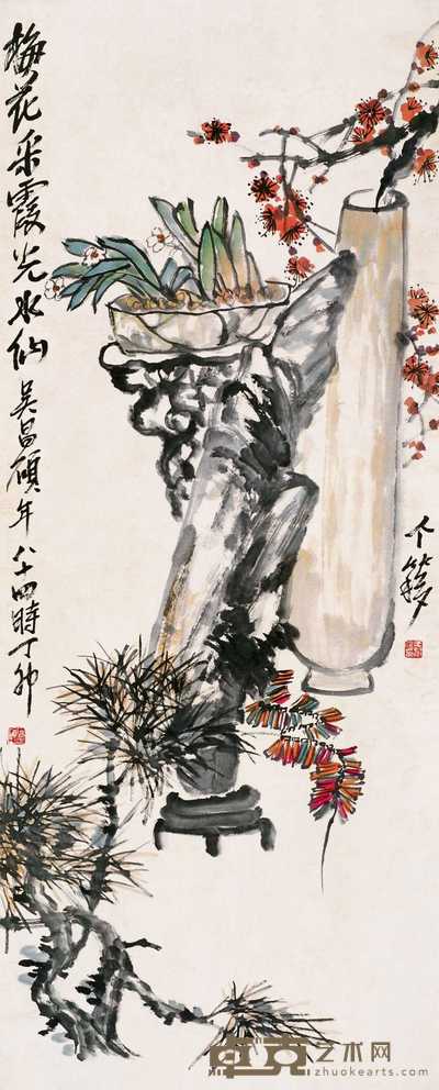 吴昌硕 梅花水仙图 立轴 131×53cm